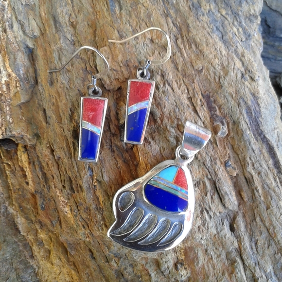 Sterling Silver Multi Inlay Bear Claw Pendant SET - Picture 3 of 6